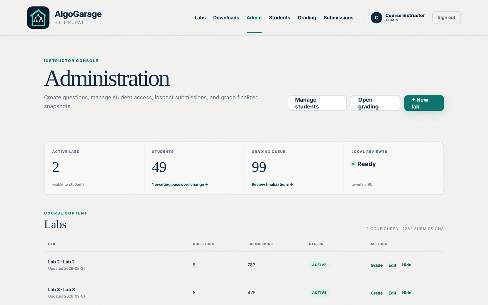 The front page of the instructor console
