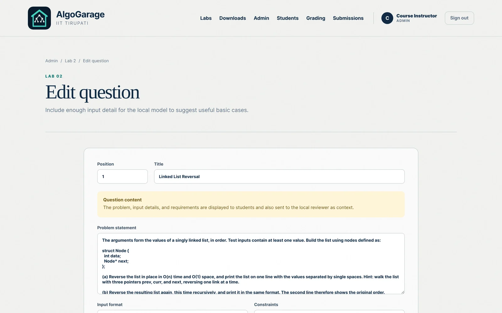 The question editor