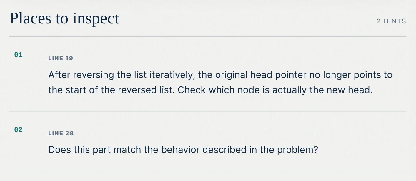 A review of the same file, before code help was allowed on this question. Each hint is tied to a line.